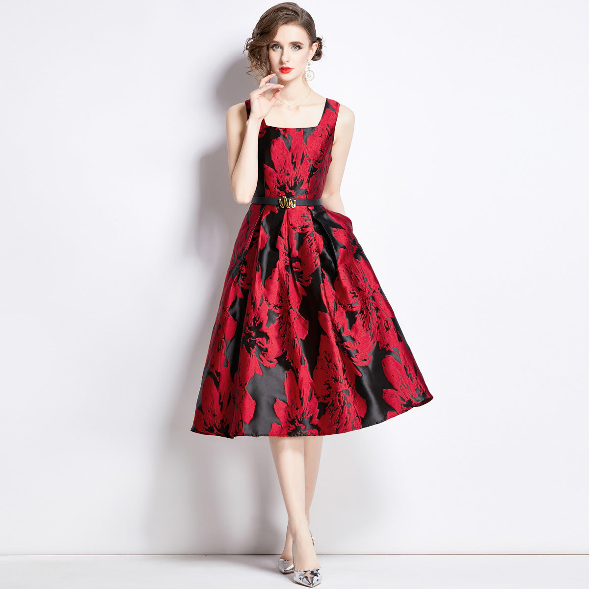 3D Jacquard Floral Midi Dress – Textured A-Line with Puff Sleeves
