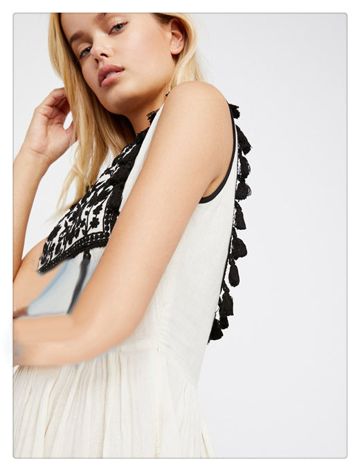Boho Embroidered Fringe Dress – Sleeveless Floral Festival Style