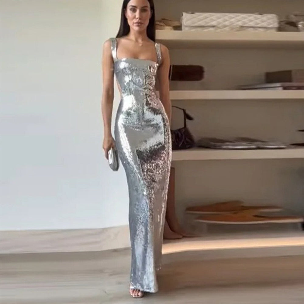 2024 Silver Sequins Halter Sheath Dress – Elegant French-Inspired Long Evening Gown