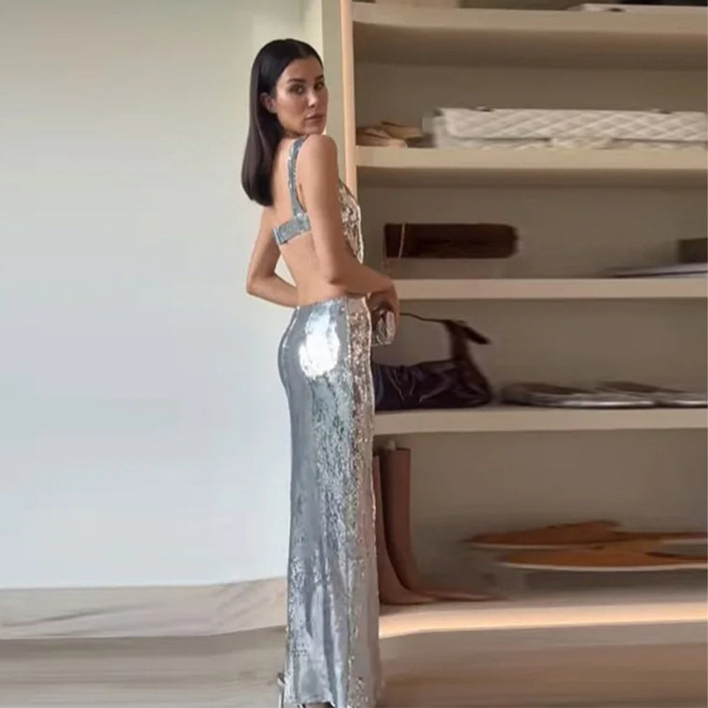 2024 Silver Sequins Halter Sheath Dress – Elegant French-Inspired Long Evening Gown