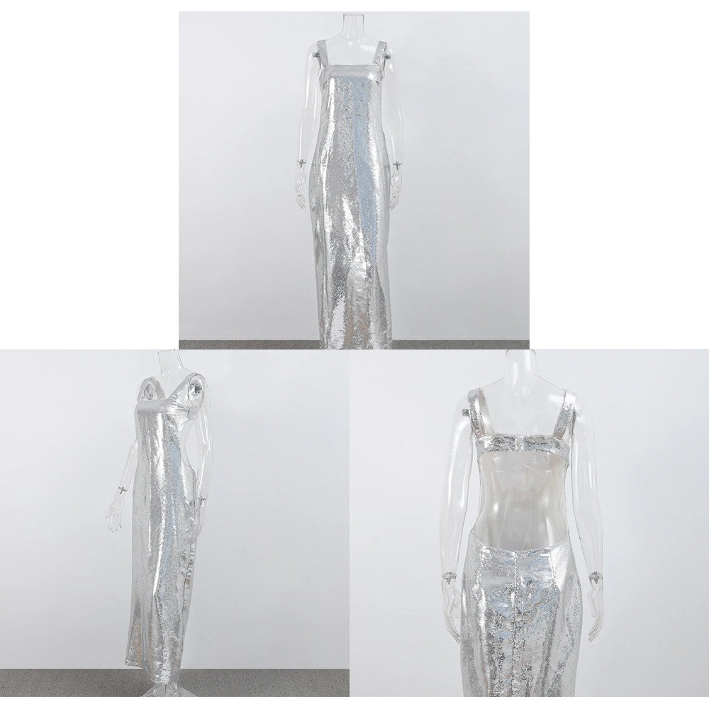2024 Silver Sequins Halter Sheath Dress – Elegant French-Inspired Long Evening Gown