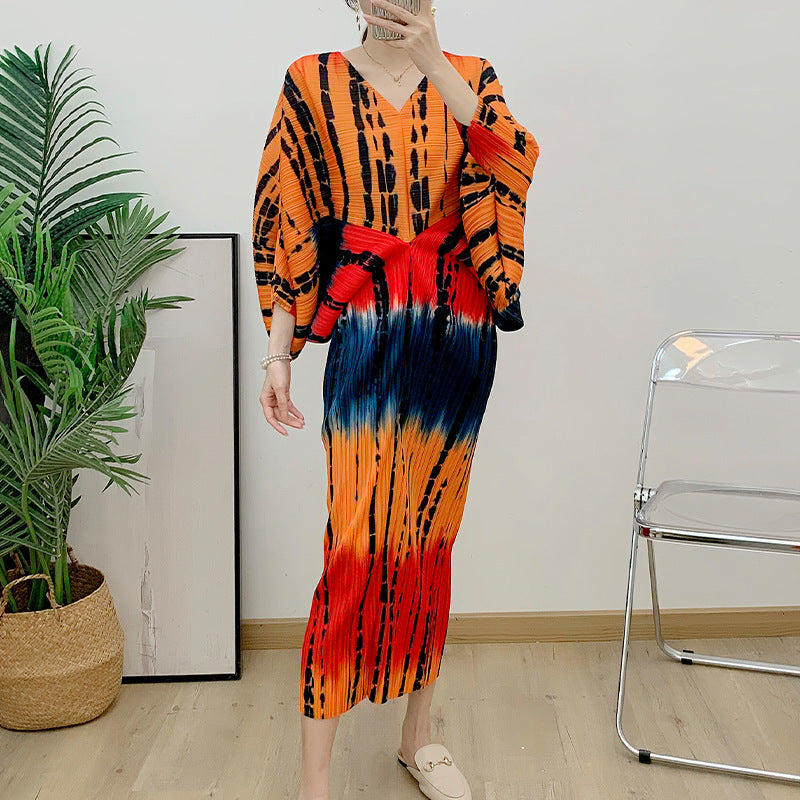 Pleated Batwing Sleeve Maxi Dress – Flowing A-Line Silhouette with Draped Sleeves