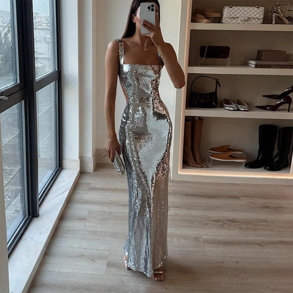 2024 Silver Sequins Halter Sheath Dress – Elegant French-Inspired Long Evening Gown