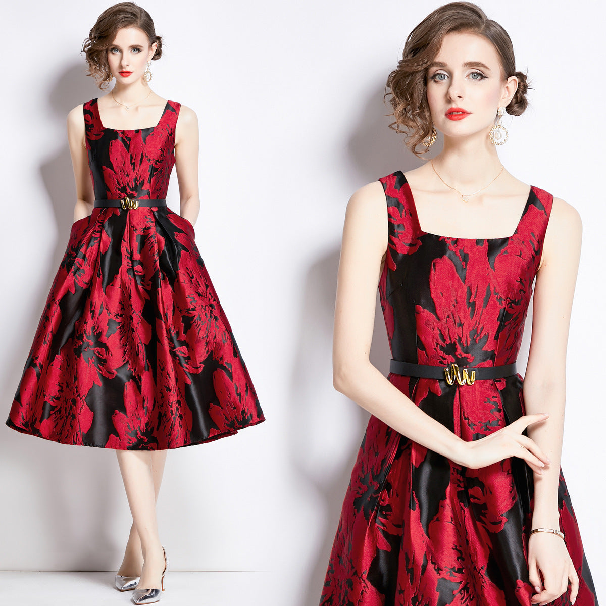 3D Jacquard Floral Midi Dress – Textured A-Line with Puff Sleeves