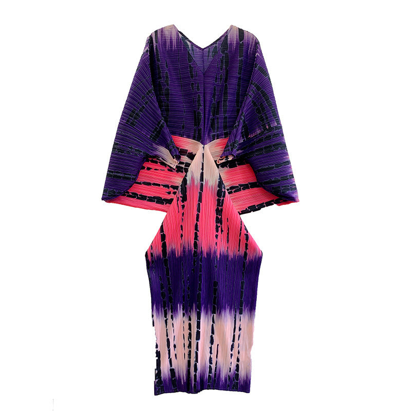 Pleated Batwing Sleeve Maxi Dress – Flowing A-Line Silhouette with Draped Sleeves