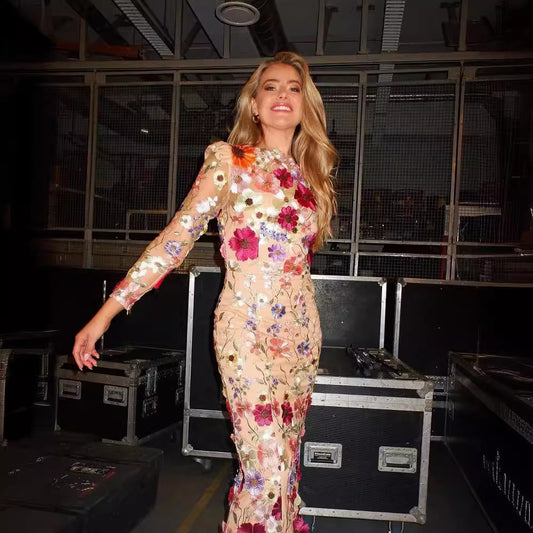 3D Floral Embroidery Mesh Dress – Elegant Sheer Party Dress for Women