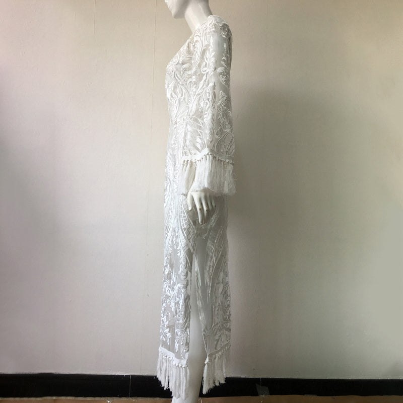 Elegant Lace Maxi Dress for Women – Long-Sleeve Floral Lace & A-Line Skirt