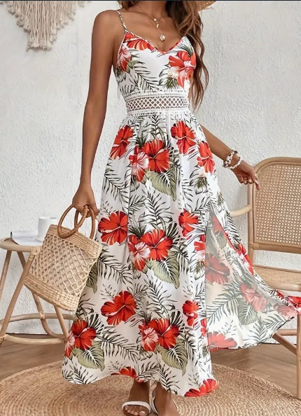 Floral Spaghetti Strap Maxi Dress – Elegant Slit Summer Dress for Women