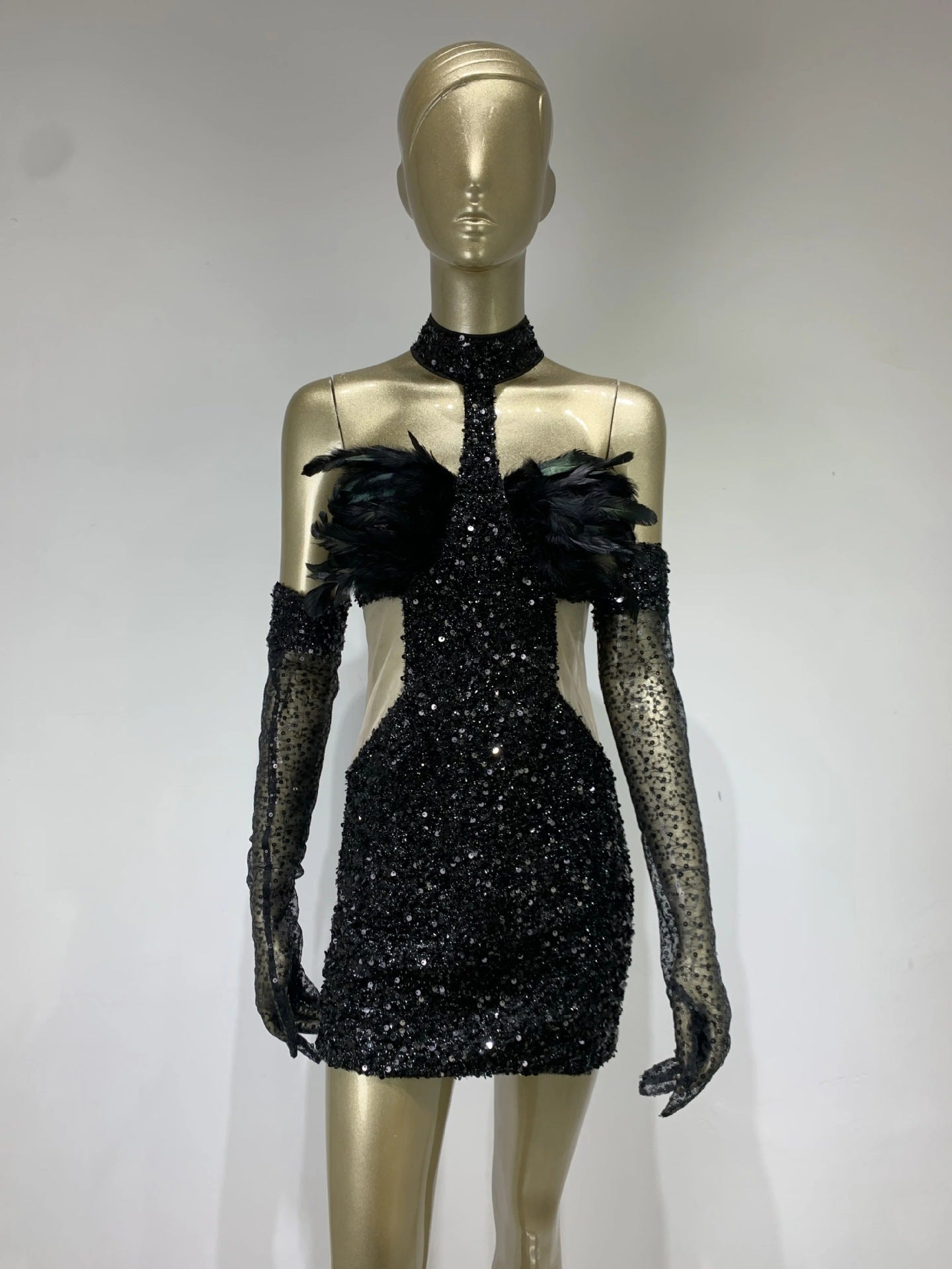 Feather & Sequin Halter Mini Dress with Glam Gloves – Party Ready