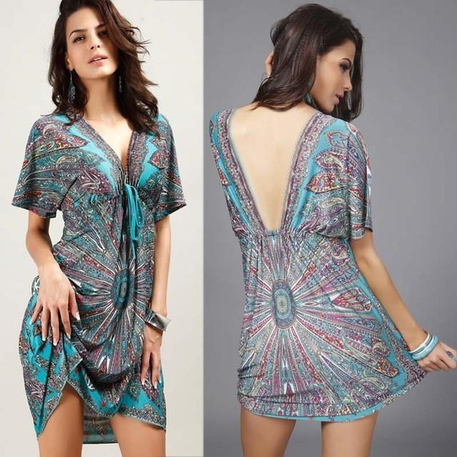 Boho Tribal Milk‑Silk Midi Dress – Printed V‑Neck Swing Dress with Bat Sleeves
