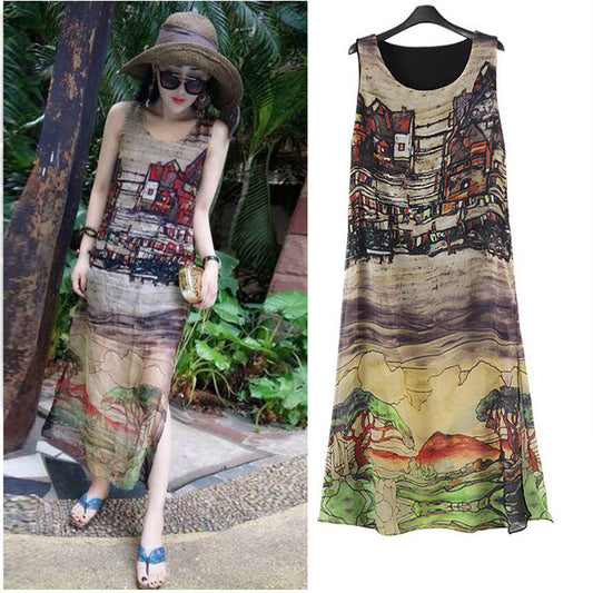 Retro Chiffon Split Beach Dress – Sleeveless Summer Long Dress
