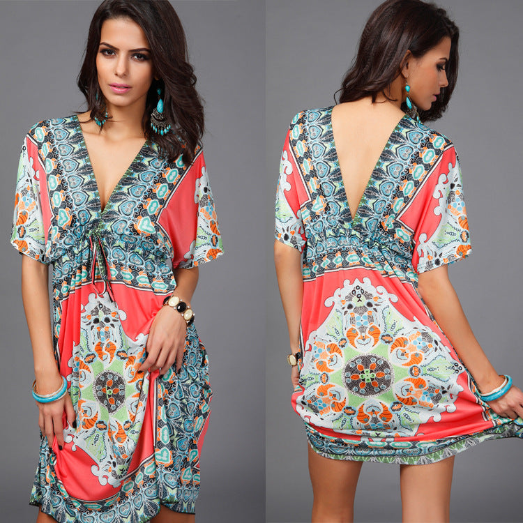 Boho Tribal Milk‑Silk Midi Dress – Printed V‑Neck Swing Dress with Bat Sleeves