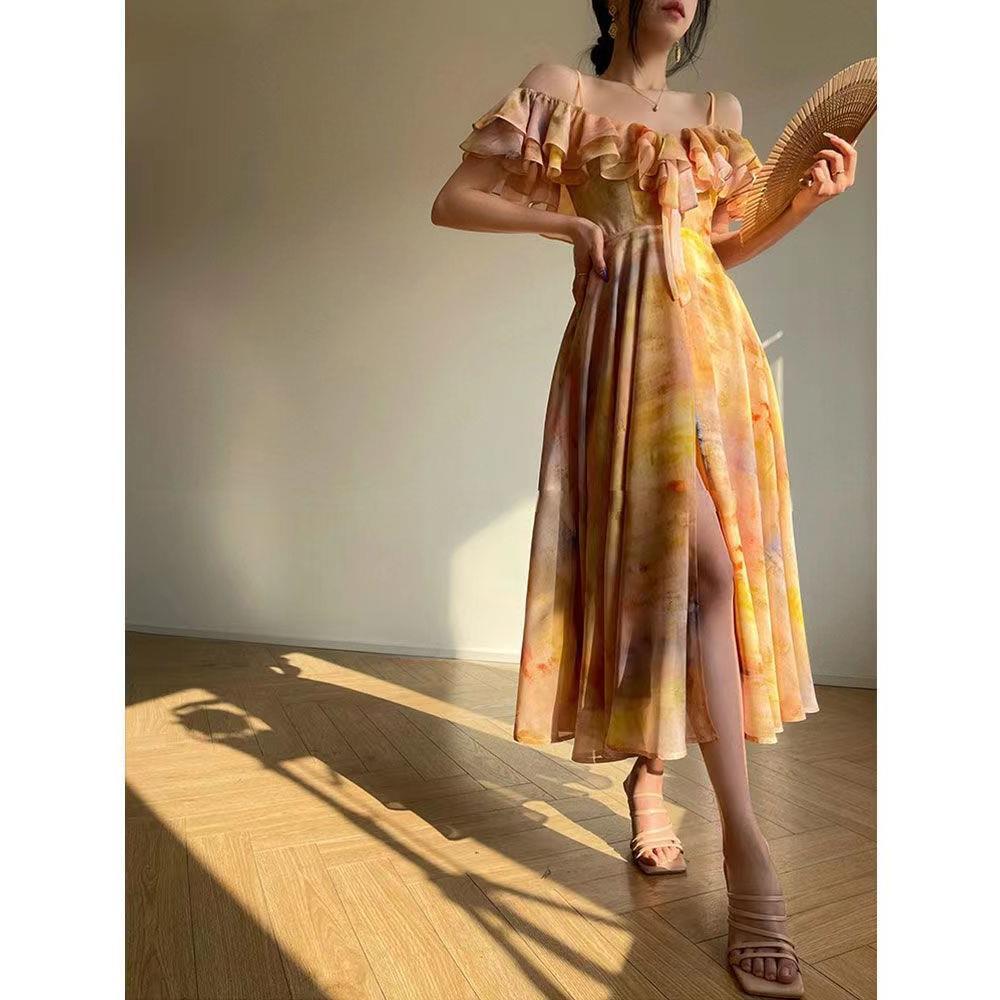 French Style Printed Strap Midi Dress – Feminine High-Waist Floral A-Line