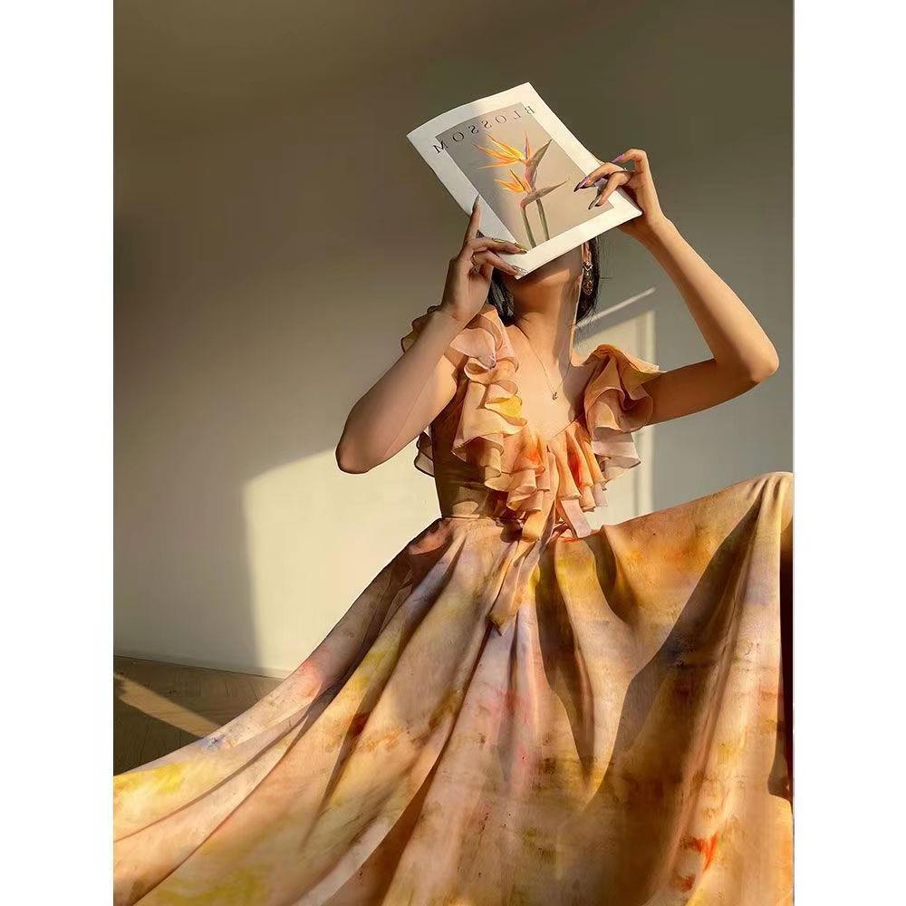 French Style Printed Strap Midi Dress – Feminine High-Waist Floral A-Line