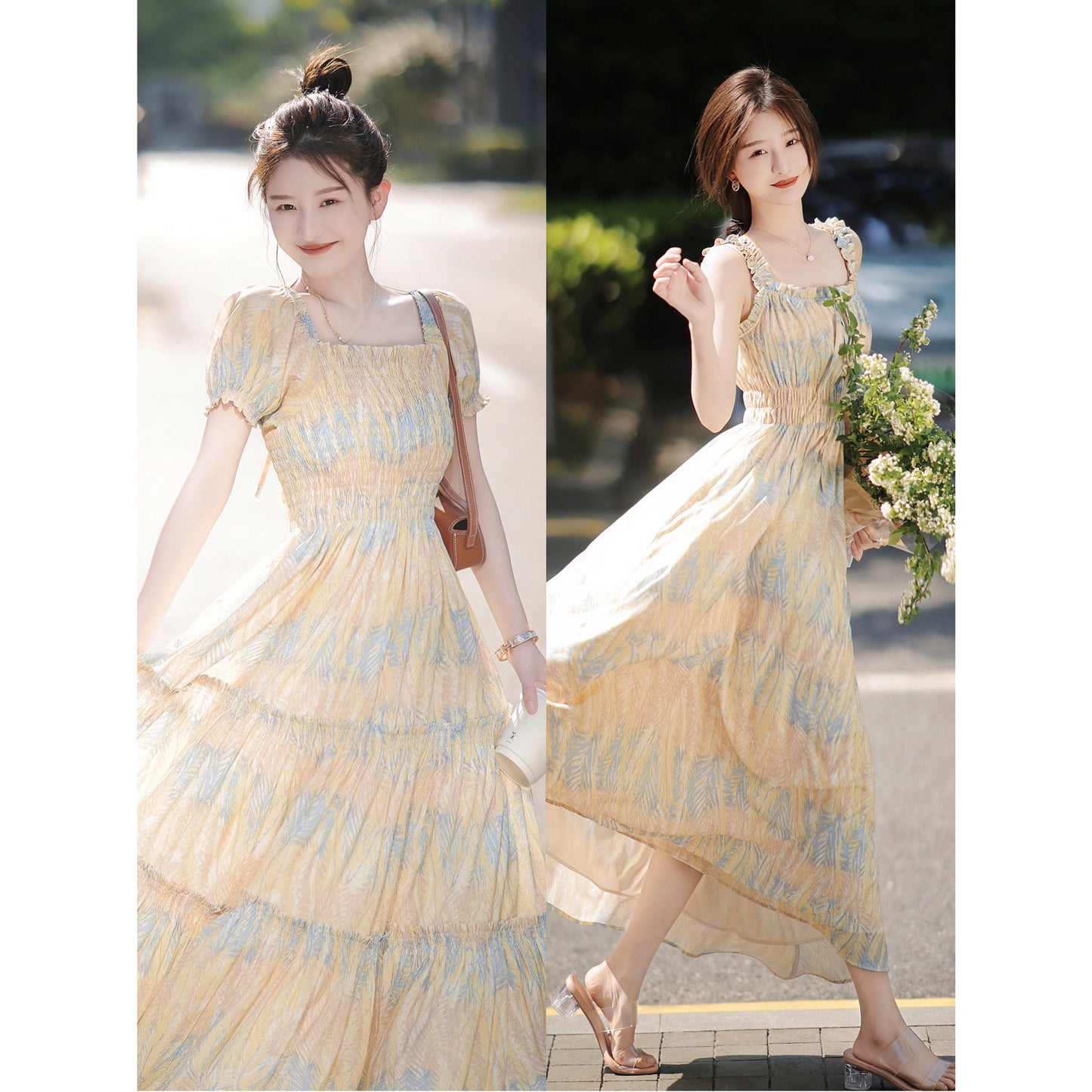 Women's Floral Slip Midi Dress – Delicate Print with String-Trim Selvedge