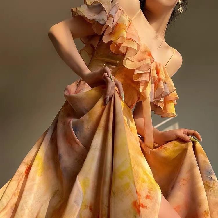 French Style Printed Strap Midi Dress – Feminine High-Waist Floral A-Line