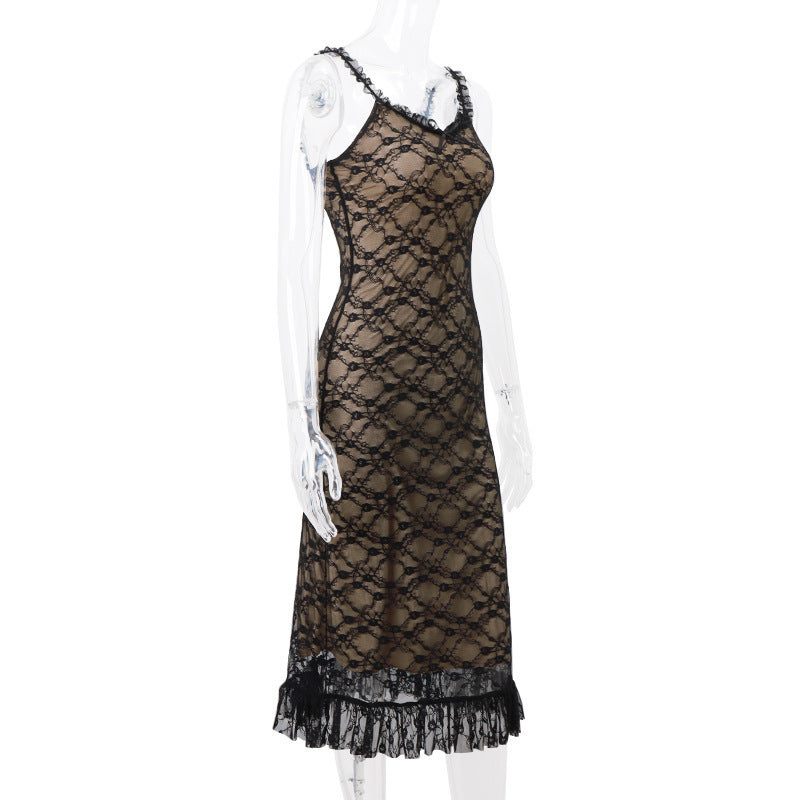French Style Lace Low‑Cut Maxi Dress – Slimming Sheath Gown with Elegant Accent