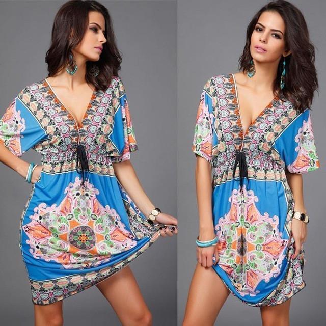 Boho Tribal Milk‑Silk Midi Dress – Printed V‑Neck Swing Dress with Bat Sleeves