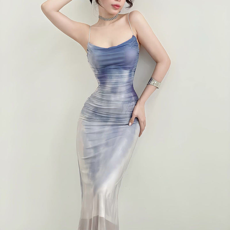 Gradient Print Mesh Camisole Dress – Sweet Temperament Slim Fit Maxi