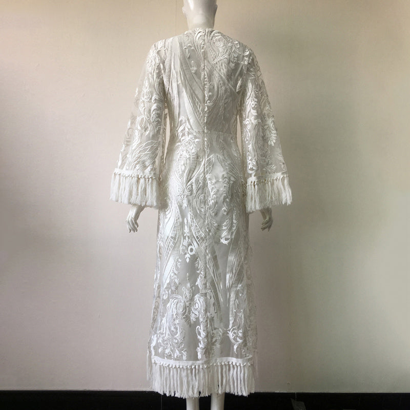 Elegant Lace Maxi Dress for Women – Long-Sleeve Floral Lace & A-Line Skirt