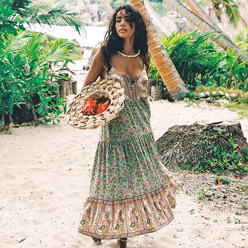 High-Waist Floral Print Midi Dress – Feminine A-Line Silhouette & Lightweight Material