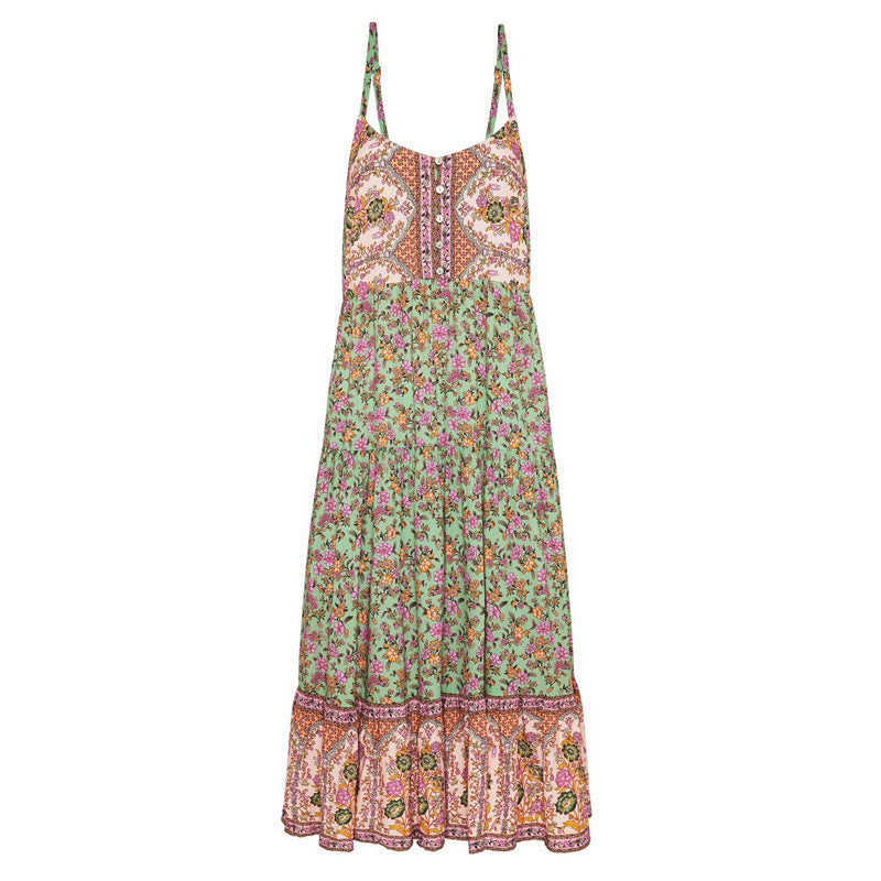 High-Waist Floral Print Midi Dress – Feminine A-Line Silhouette & Lightweight Material