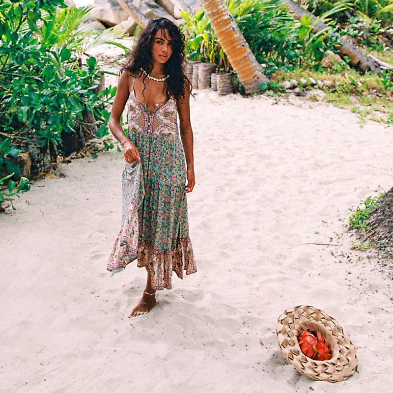 High-Waist Floral Print Midi Dress – Feminine A-Line Silhouette & Lightweight Material