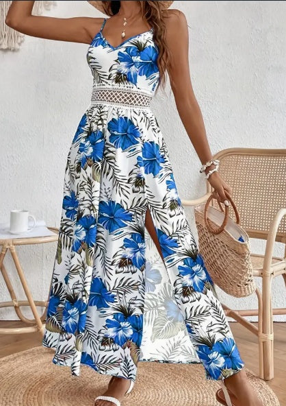 Floral Spaghetti Strap Maxi Dress – Elegant Slit Summer Dress for Women