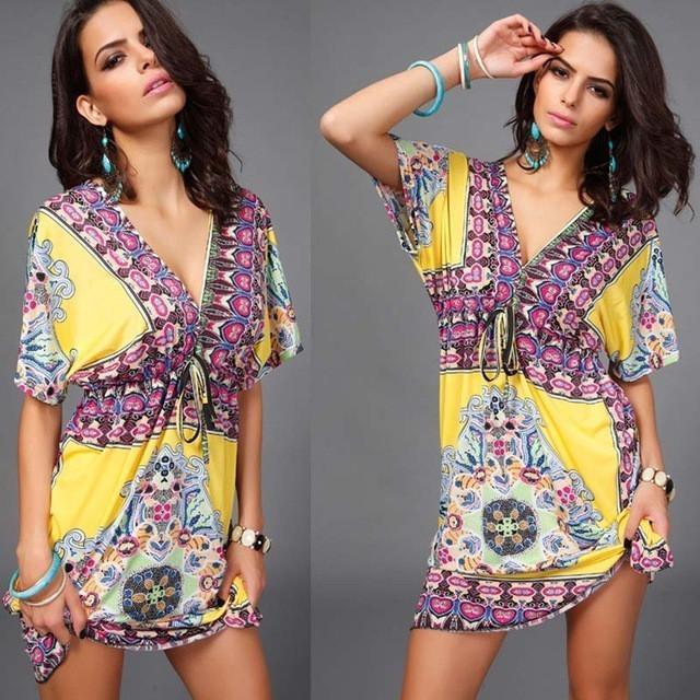 Boho Tribal Milk‑Silk Midi Dress – Printed V‑Neck Swing Dress with Bat Sleeves