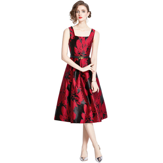 3D Jacquard Floral Midi Dress – Textured A-Line with Puff Sleeves