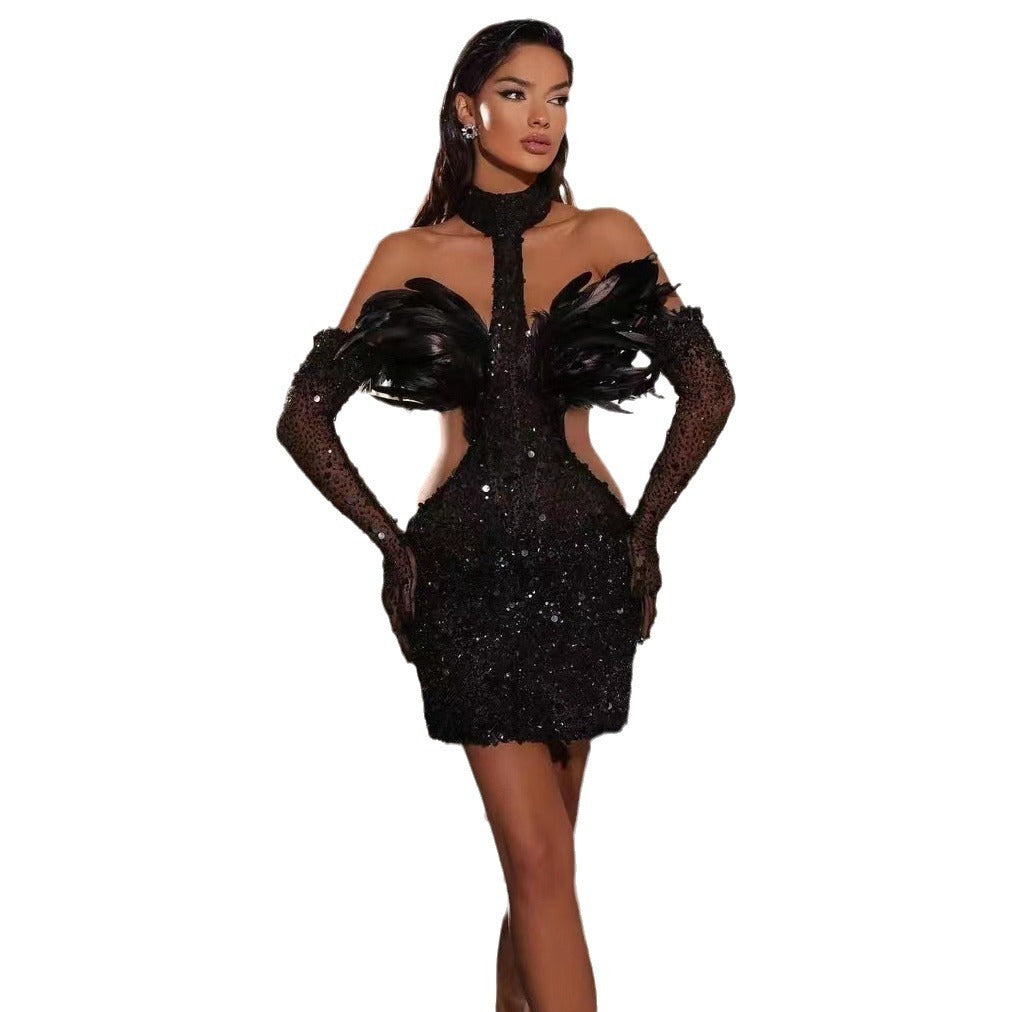 Feather & Sequin Halter Mini Dress with Glam Gloves – Party Ready