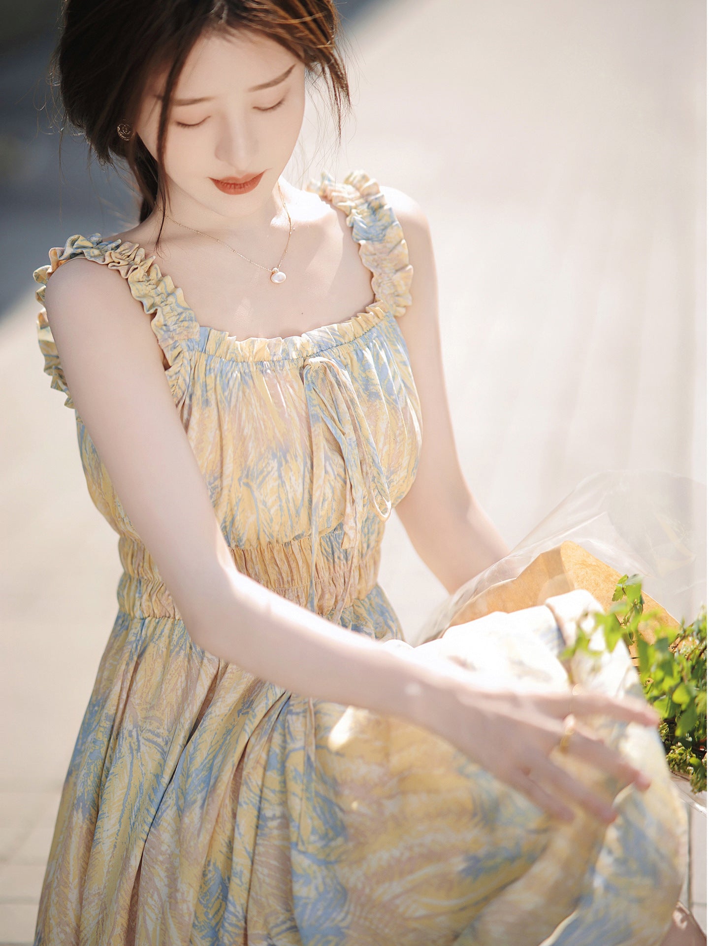 Women's Floral Slip Midi Dress – Delicate Print with String-Trim Selvedge