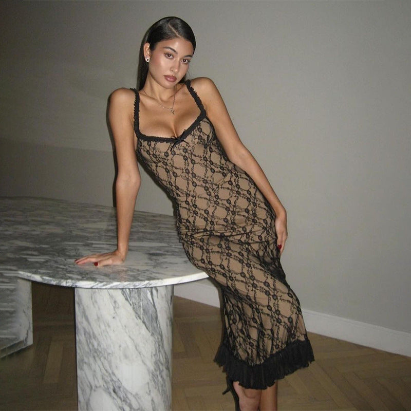 French Style Lace Low‑Cut Maxi Dress – Slimming Sheath Gown with Elegant Accent