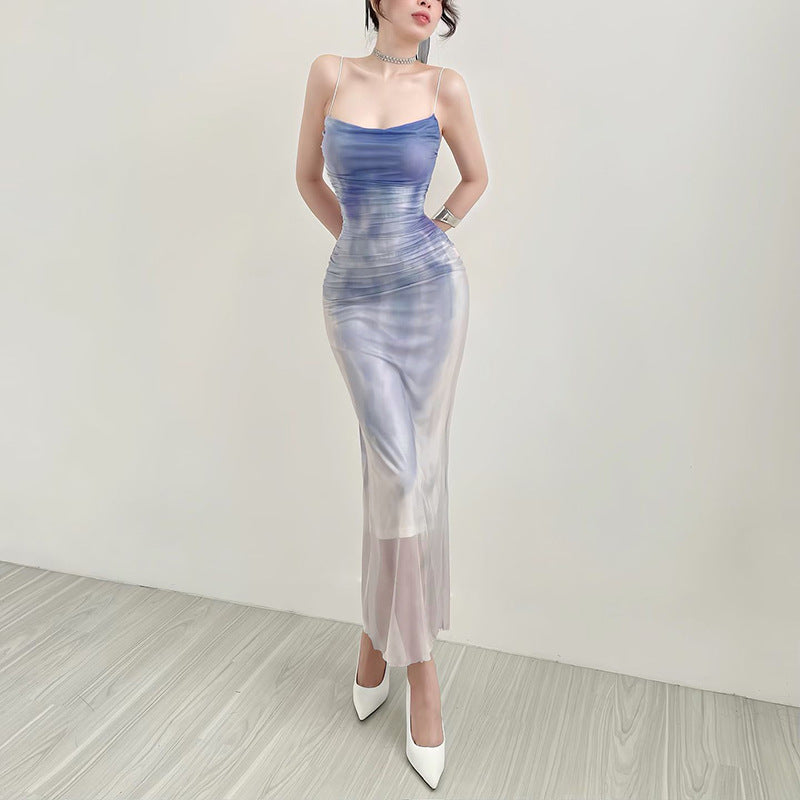 Gradient Print Mesh Camisole Dress – Sweet Temperament Slim Fit Maxi