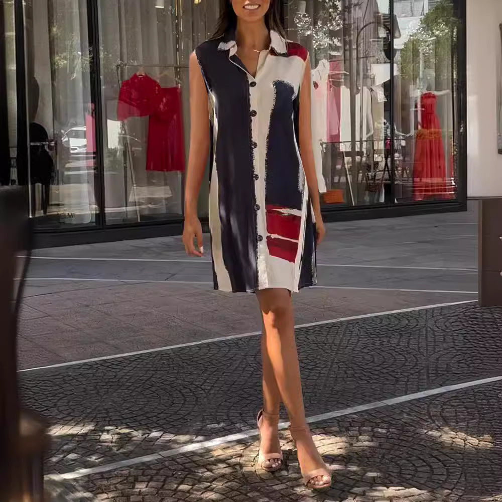 Sleeveless Printed Button-Front Maxi Dress – Vibrant Pattern, Lightweight & Shirt-Style