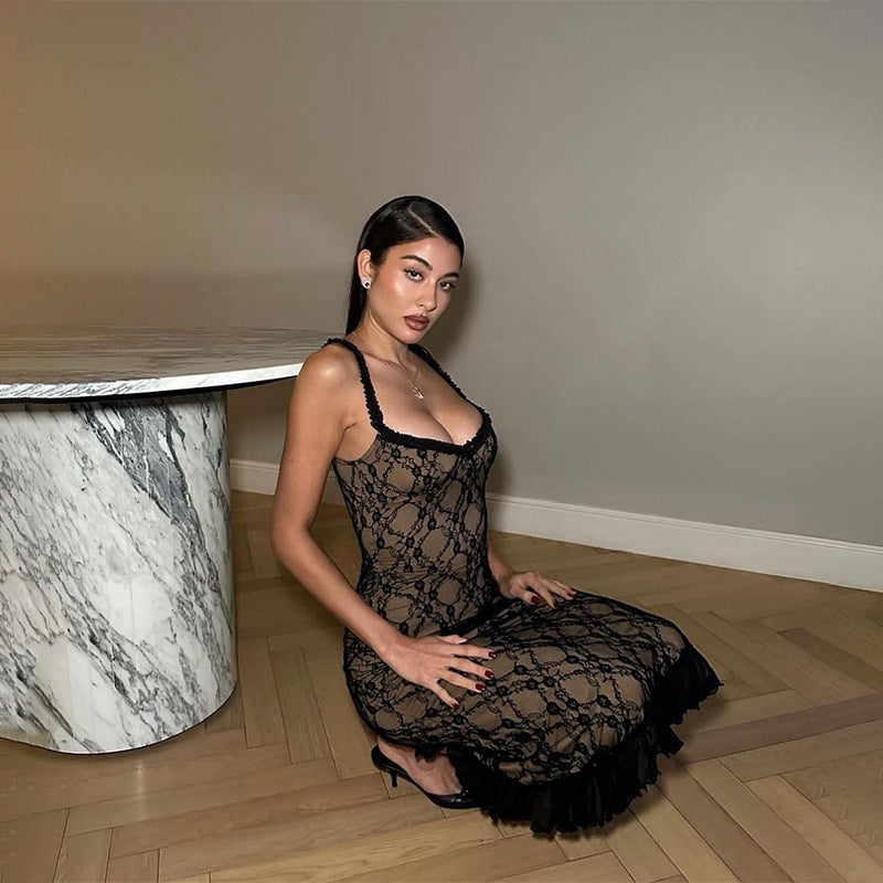 French Style Lace Low‑Cut Maxi Dress – Slimming Sheath Gown with Elegant Accent