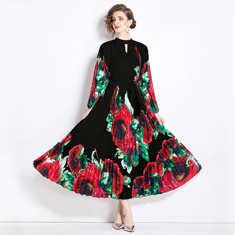 Pleated Midi Dress with Tassel Belt – Accordion Pleats & Tie-Waist Accent