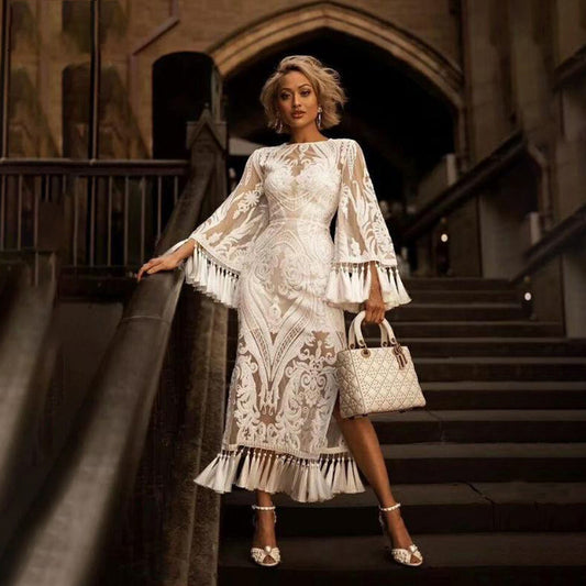 Elegant Lace Maxi Dress for Women – Long-Sleeve Floral Lace & A-Line Skirt