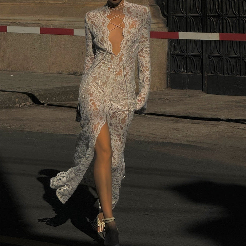 Knitted Hollow‑Out Sheer Slit Maxi Dress – Long Sleeve, Bell Sleeve, High Waist