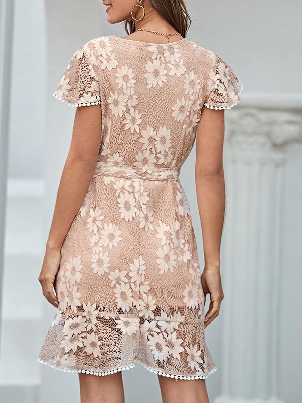 Elegant Lace Hollow-Out Mini Dress – Sweet Sheer Short Sleeve Skater Dress