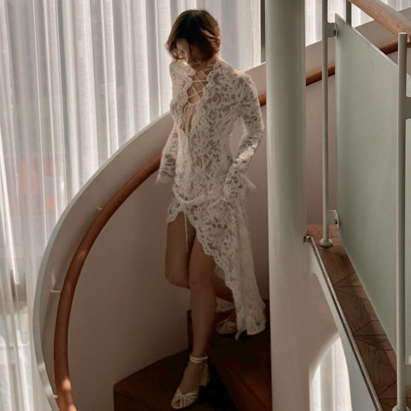 Knitted Hollow‑Out Sheer Slit Maxi Dress – Long Sleeve, Bell Sleeve, High Waist