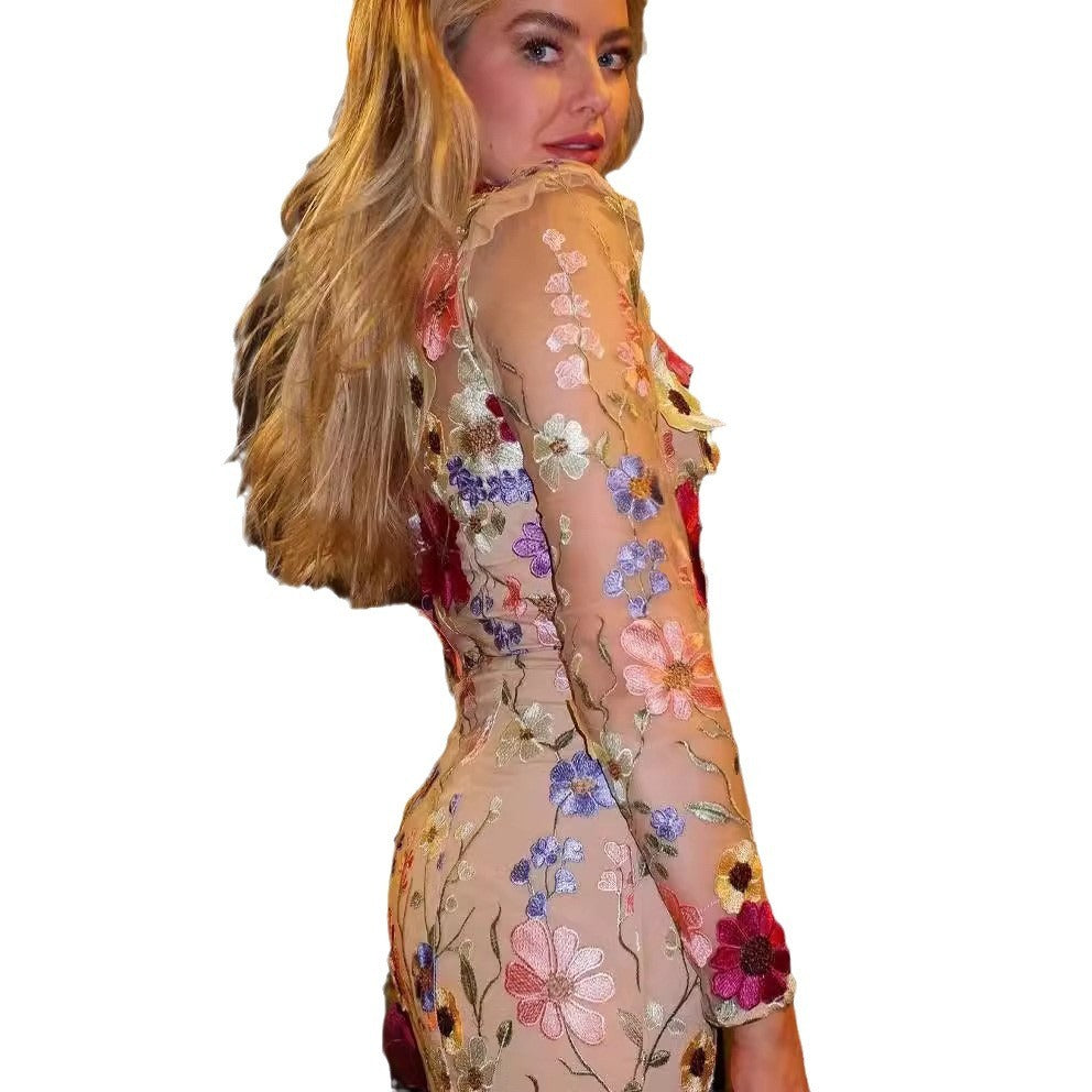 3D Floral Embroidery Mesh Dress – Elegant Sheer Party Dress for Women