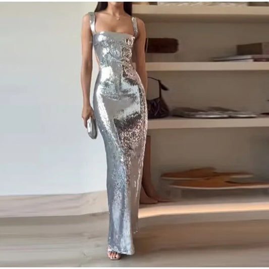 2024 Silver Sequins Halter Sheath Dress – Elegant French-Inspired Long Evening Gown