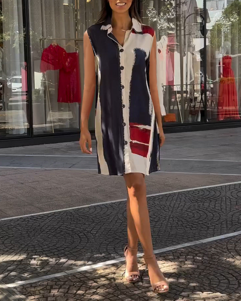 Sleeveless Printed Button-Front Maxi Dress – Vibrant Pattern, Lightweight & Shirt-Style