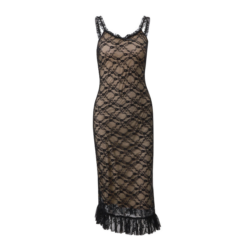 French Style Lace Low‑Cut Maxi Dress – Slimming Sheath Gown with Elegant Accent