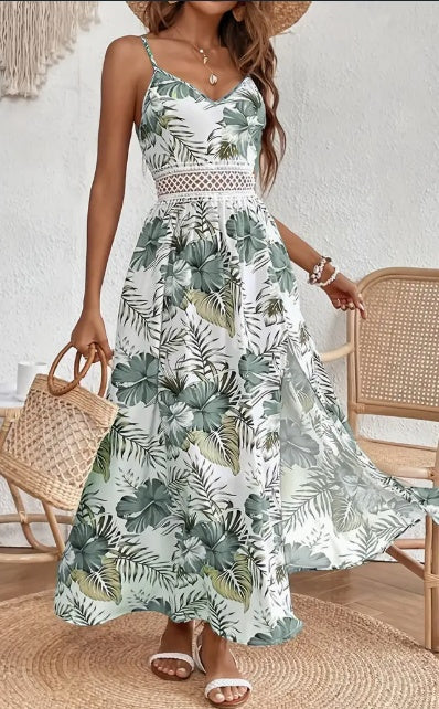 Floral Spaghetti Strap Maxi Dress – Elegant Slit Summer Dress for Women