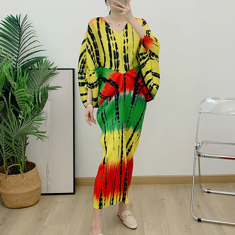 Pleated Batwing Sleeve Maxi Dress – Flowing A-Line Silhouette with Draped Sleeves