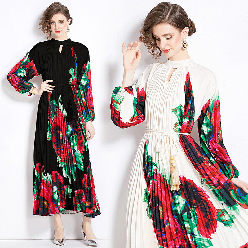 Pleated Midi Dress with Tassel Belt – Accordion Pleats & Tie-Waist Accent