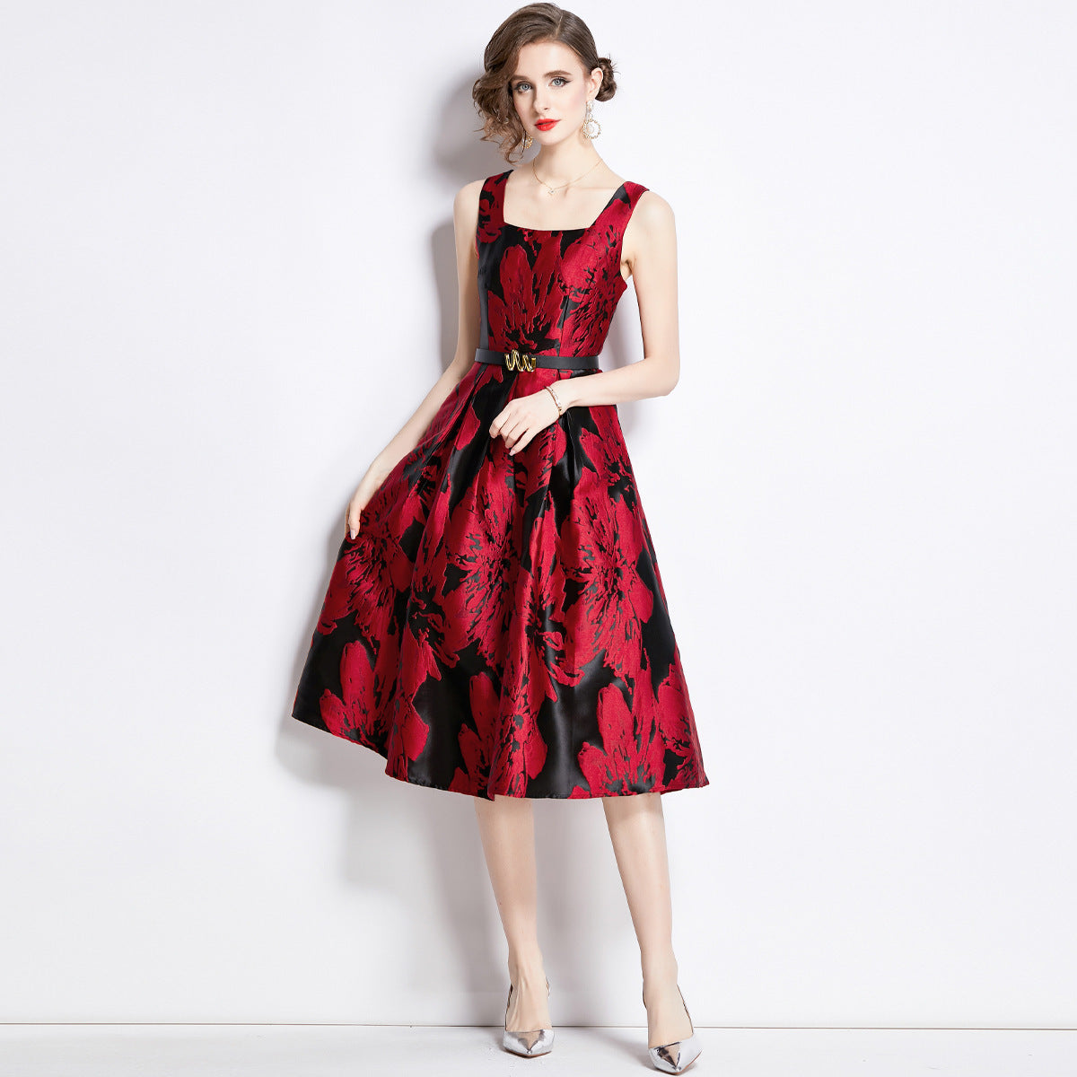 3D Jacquard Floral Midi Dress – Textured A-Line with Puff Sleeves