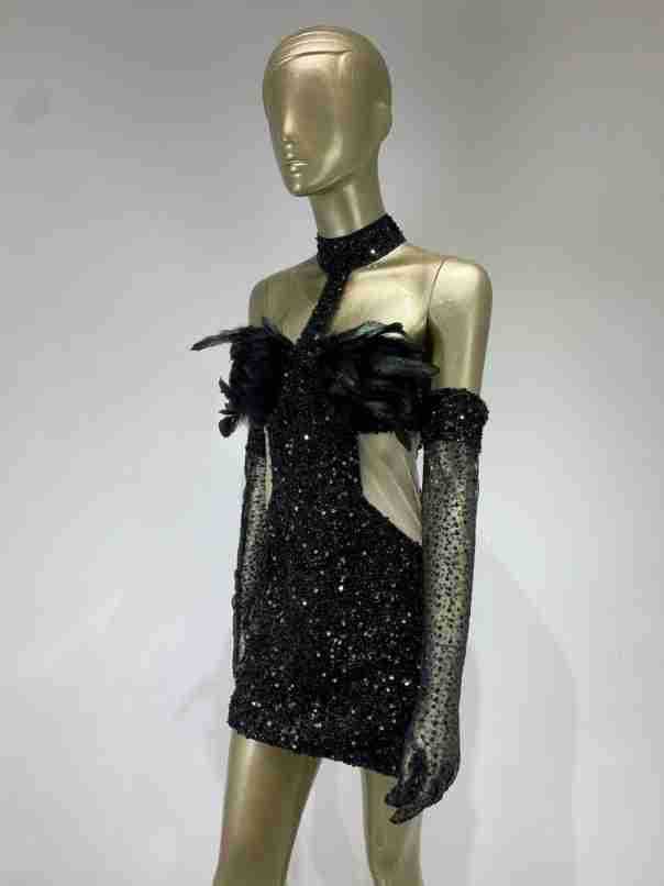 Feather & Sequin Halter Mini Dress with Glam Gloves – Party Ready